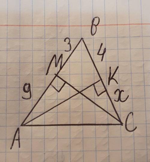 Дан треугольник ABC. MC и AK- его медианы. AB= AM+MB= 9+3=12. BC=BK+KC=4+x. Найдите KC.
