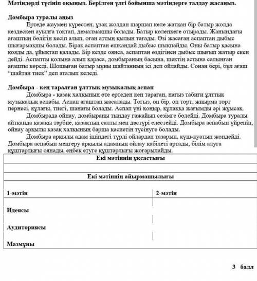 Мәтіндерді түсініп оқыңыз . Берілген үлгі бойынша мәтіндерге талдау жасаңыз .