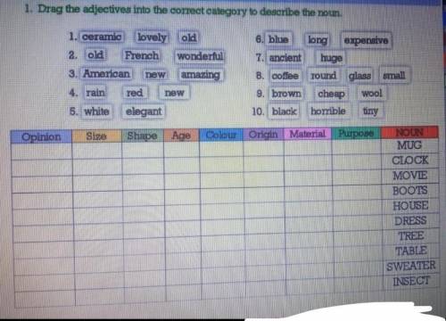 Grad the adjectives into the correct category to describe the noun.