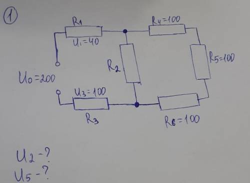 Дано: U0=200R1U1=40R2R3U3=100R4=100R5=100R6=100Найти:U2-?U5-?