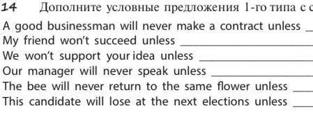 дополните условные предложения 1-го типа с союзом unless