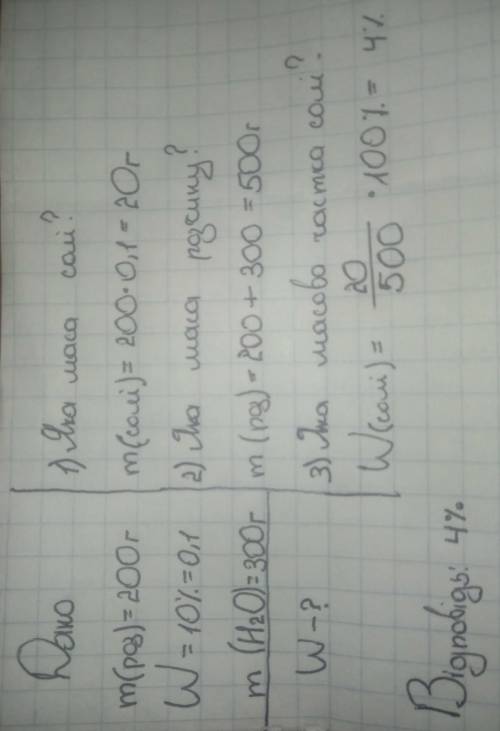 M(розчину) = 300г W(речовини) = 20% m2(розчину) = 200г W2= 30% Знайти: W3​