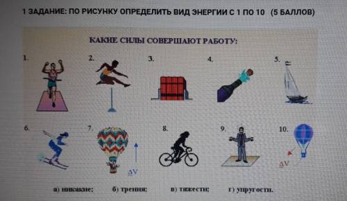 1 ЗАДАНИЕ: ПО РИСУНКУ ОПРЕДЕЛИТЬ ВИД ЭНЕРГИИ с КАКИЕ СИЛЫ СОВЕРШАЮТ РАБОТУ:​