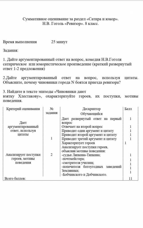 Суммативное оценивание за раздел «Сатира и юмор». Н.В. Гоголь «Ревизор». 8 класс. Время выполнения