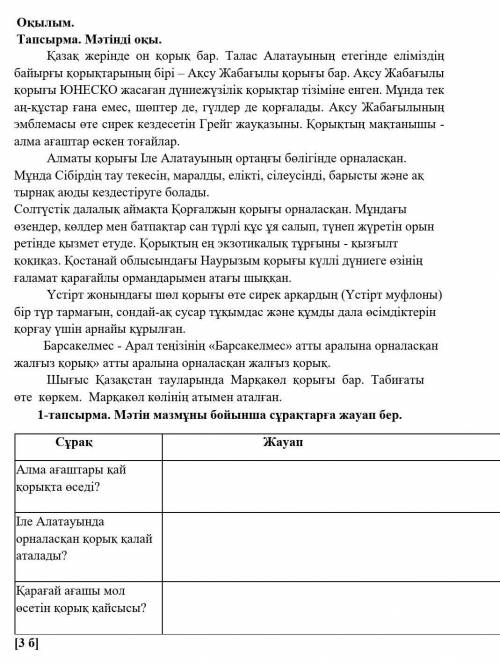 1-тапсырма. Мәтін мазмұны бойынша сұрақтарға жауап бер. Алма ағаштары қай қорықта өсед х