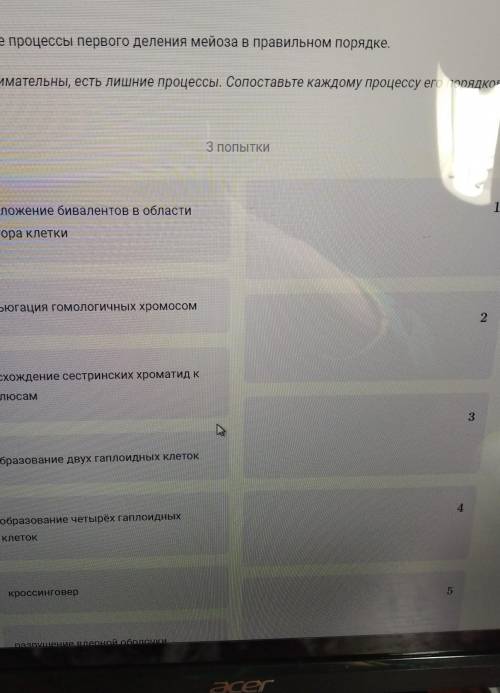 Расставьте процессы первого деления мейоза в правильном порядке.Будьте внимательны, есть лишние про