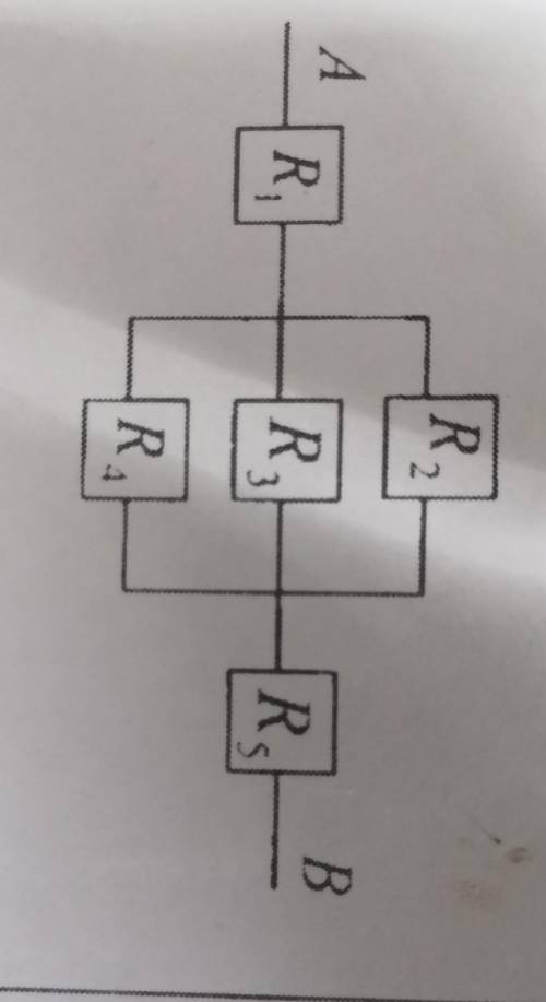 R1=4 ом, R2=5 ом, R3=10 oм, R4=30 ом, R5=3 ом, напряжение на соединение 50 В, R=?, I=? 