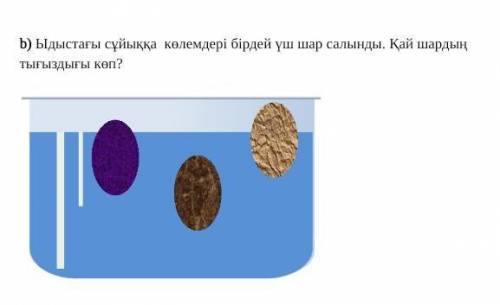 Ыдыстағы сұйыққа көлемдері бірдей үш шар салынды. қай шардың тығыздығы көп?