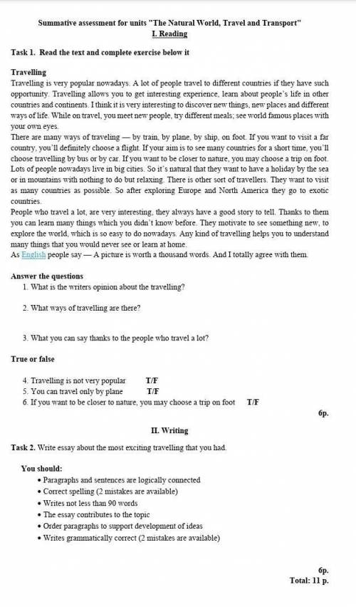 Summative assessment for units The Natural World, Travel and TransportI. Reading