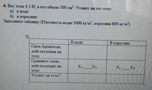 Вес тела 4,5 H, а его объем 500 см3. Утонет ли это тело: