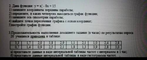2.Дана функция у=х^2-8+15 1)запишите координаты вершины параболы 
