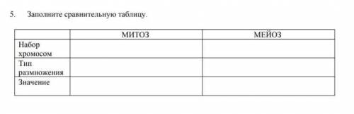 Заполните сравнительную таблицуМитозМейозНабор хромосомТип размноженияЗначение 