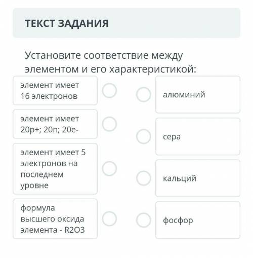 Установите соответствие между элементом и его характеристикой алюминий фосфор сера кальций