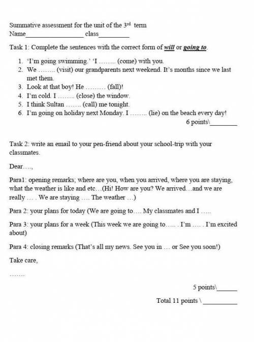 Task 1:Complete the sentences with the correct from off will or going to и 2 упр тоже надо 
