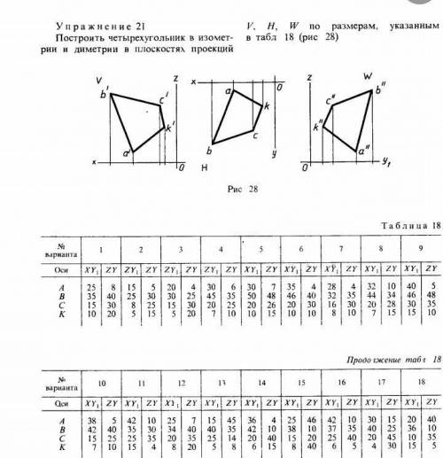 построить четырёхугольник в изометрии и диметрии в плоскостях проекций. Вариант упражнение 21