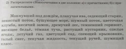 Стр 187 упр 5(2) распределите словосочетания в две колонки : с причастиями, с прилагательными 