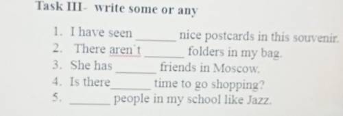 Task III- write some or any 1. I have seen nice postcards in this souveni2. There aren t folders in