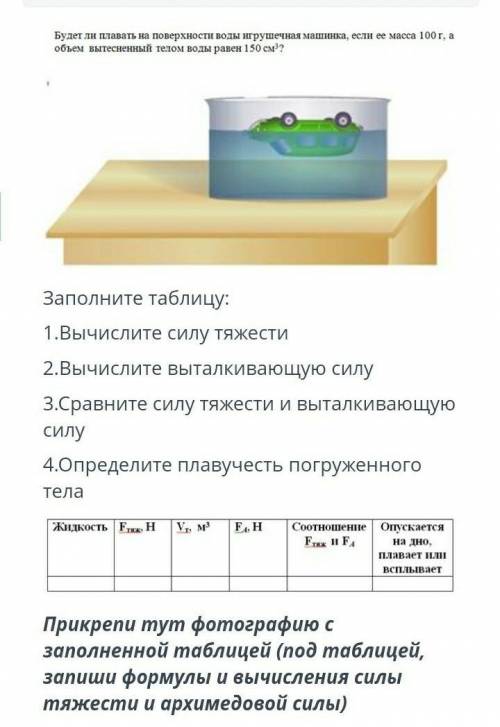 Обязательно в таблице , и запишите формулы вычисления силы тяжести и архимедовой силы
