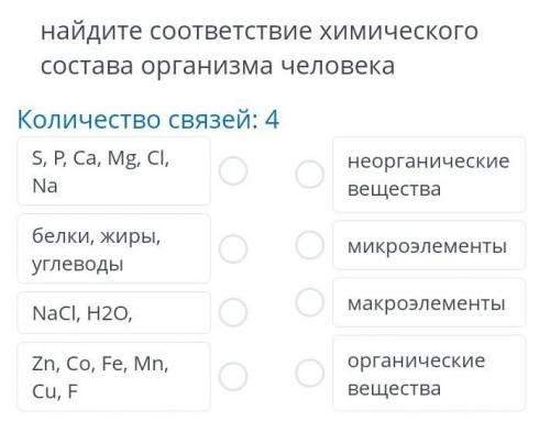Найдите соответствие химичесского состава организма человека