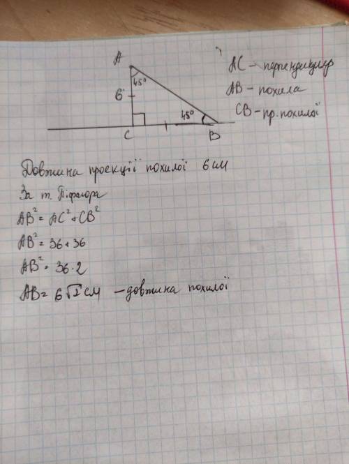Точка знаходження на відстані 6 см від прямої Із цієї точки проведено похилу яка утворює з прямою ку
