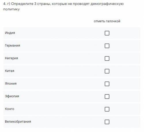 Определите 3 страны, которые не проводят демографическую политику