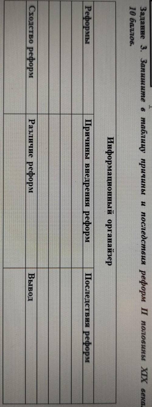 Запишите в таблицу причины и последствия реформ ІІ половины ХІХ века. 