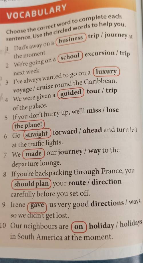 Vocabulary choose the correct word to complete each sentence. use the circled words to help you