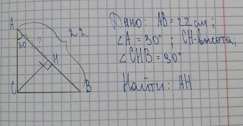 решить, АВ = 22 см, угол А = 30°, СН высота, Угол СНВ = 90°