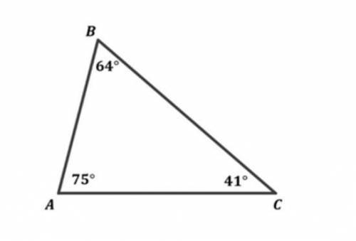 У трикутнику ABC ∠A=75° , ∠B=64° . Яка із сторін трикутника має найменшу довжину? Розташуйте сторо