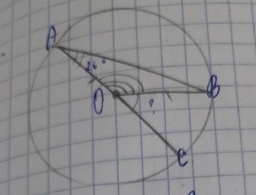 ДАНО (О,R)АВ ХОРДА УГОЛ ВАС =26°НАЙТИ : УГОЛ ВОСрешение : 