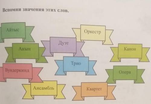 6. Вспомни значения этих слов. АйтысОркестрДуэтАкынКанонТриоВундеркиндОпераАнсамбльКвартет