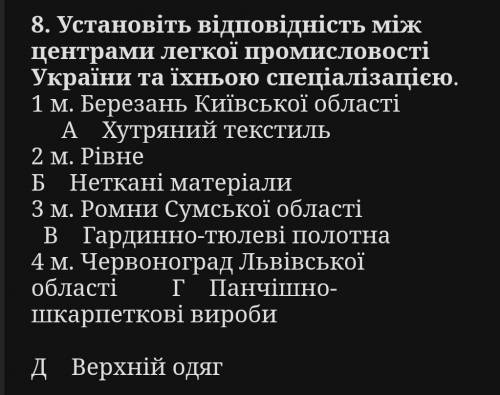 Установіть відповідність між центрами легкої промисловості України та їхньою спеціалізацією