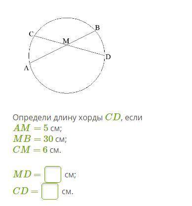 Определи длину хорды CD, если AM= 5 см; MB= 30 см; CM = 6 см. MD = см; CD = см.