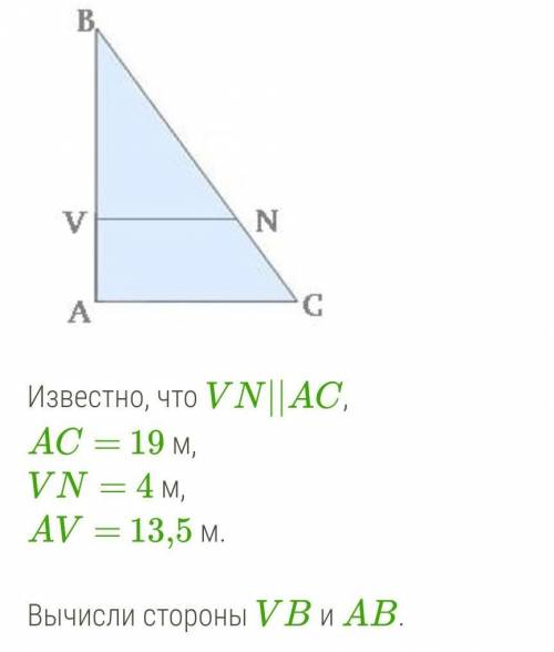 Известно, что VN||AC, AC= 19 м,VN= 4 м,AV= 13,5 м.Вычисли стороны VB и AB. VB= м, AB= м.
