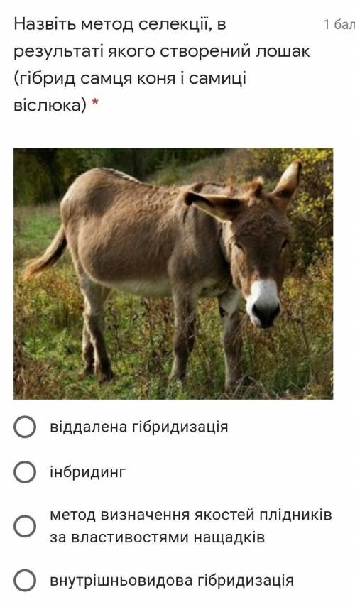 Назвіть метод селекції, в результаті якого створений лошак (гібрид самця коня і самиці віслюка) 