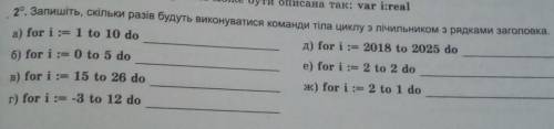 Запишіть скільки разів будуть виконуватися команди тіла циклу з лічильником з рядами заголовка 