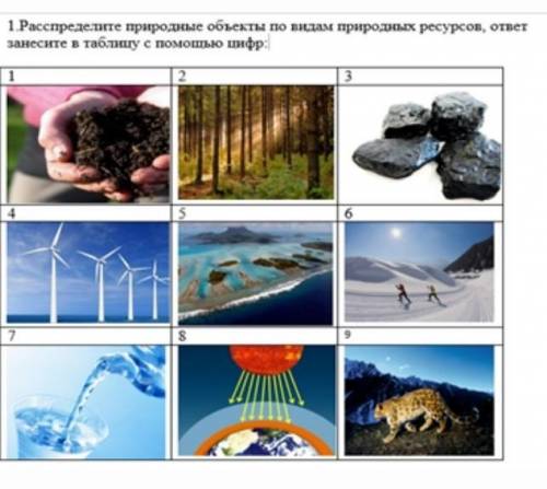 1 рассплидилите природные объекты по видам природных ресурсов ответ запишите в табличу с цифр 
