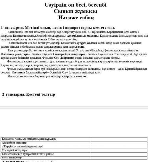 2-тапсырма. Кестені толтыр Қазақстан халқы Ассамблеясының құрылуы Ассамблея мақсаты: «Жерұйық» филь