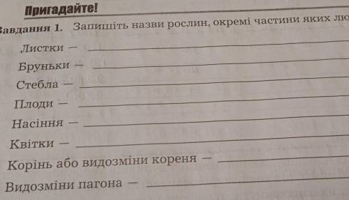Запишіть назви рослин окремі частини яких людина споживає їжу?