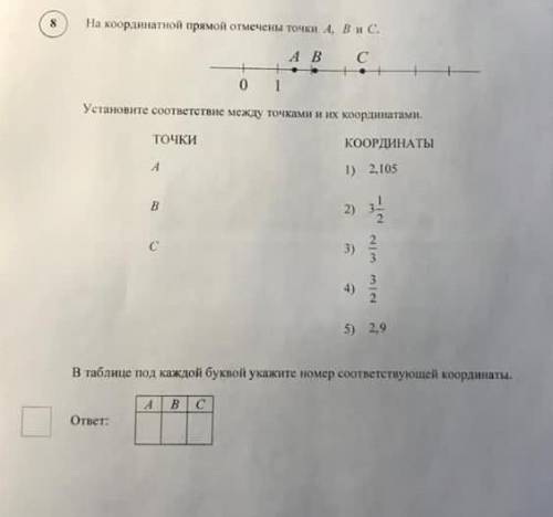 На координатной прямой отмечены точки a b c. установите соответствие между точками и их координатами