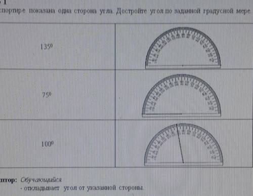 . На транспортире показана одна сторона угла Достройте угол по заданной градусной мере. 