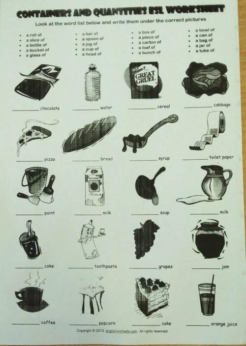 Look at the words in the list below and write them under the correct pictures. !!