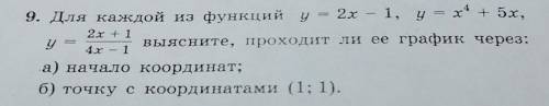 Для каждой из функций y=2x-1, y=x^4+5x, y=2x+1/4x-1 выясните, подходит ли её график через а) начало