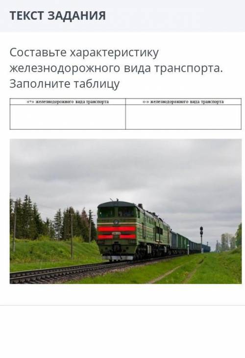 Составьте характеристику железнодорожного вида транспорта заполните таблицу 