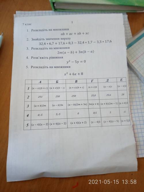 1. Розкладiть на множники ab +ac+xb+xc 2. Знайдiть значення виразу 32,4*6,7+17,6*8,3 -- 32,4*1,7 --