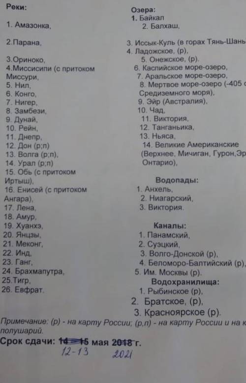 (внутренние воды) нанести на контурную карту 