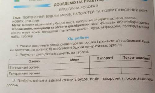 сделать таблицу по биологии, 6 класс