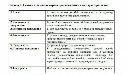 Соотнеси названия параметров популяции и их характеристики. !