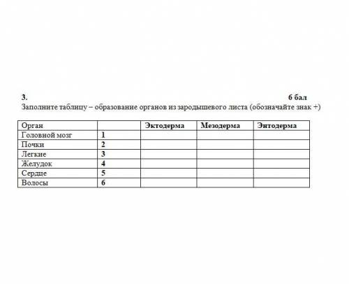 Заполните таблицу – образование органов из зародышевого листа (обозначайте знак +)