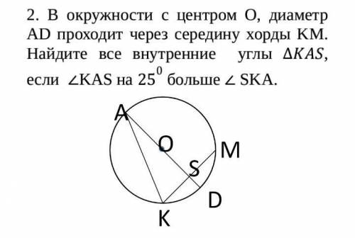 В окружности с центром О, диаметр АD проходит через середину хорды KM. Найдите все внутренние углы